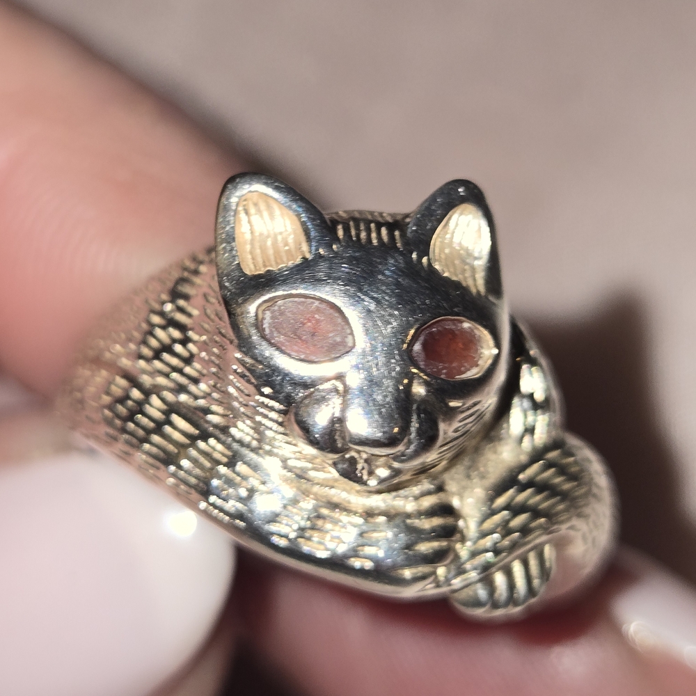 Cat Ring Marked 925 With Red Stone Eyes Size 10